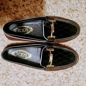 Tods black velvet w brown suede 37.5 like new